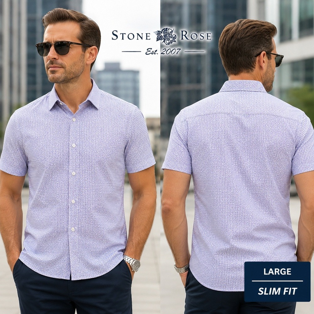 Stone Rose Mens L Slim Short Sleeve Button Down Shirt Geometric Pink Blue Cotton